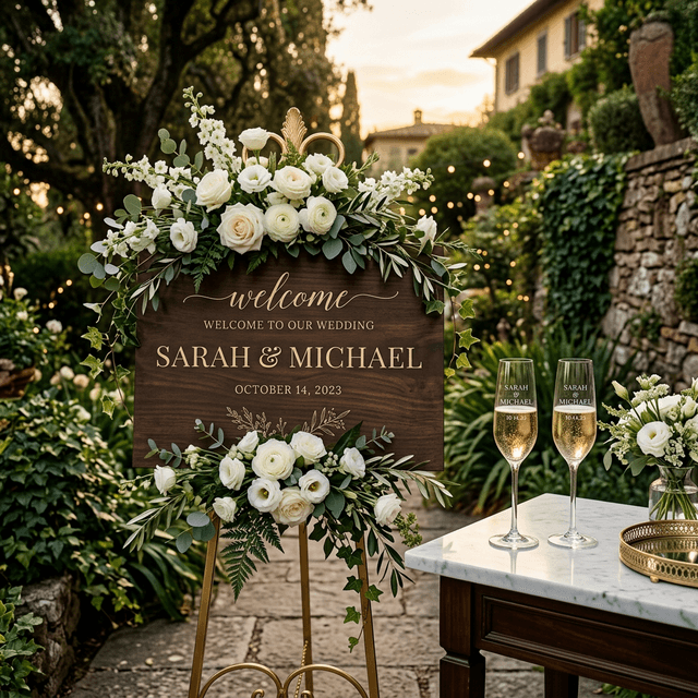 Custom laser engraved wood wedding welcome sign and champagne glasses